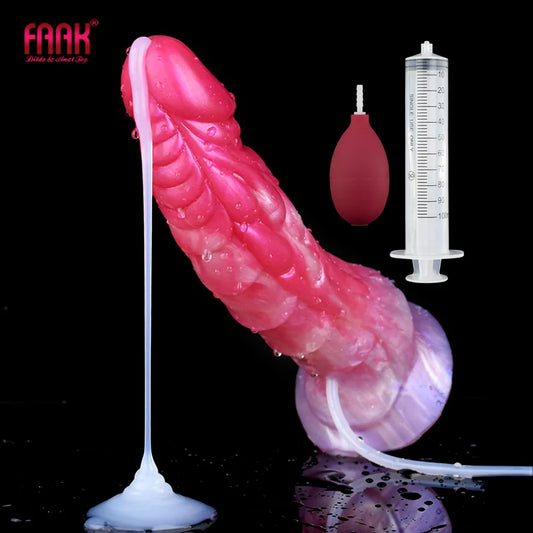 Squirting Curved Penis Ribbed Ejaculation Dildo With Sucker Spray Liquid